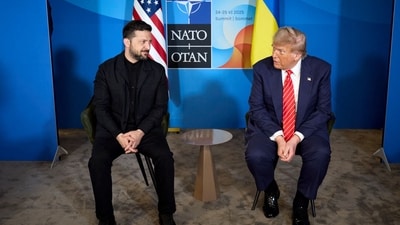 FILE PHOTO: Ukraine's President Volodymyr Zelensky (L) meets with US President Donald Trump on the sideline of the North Atlantic Treaty Organization (NATO) summit in The Hague. FILE PHOTO: Ukraine's President Volodymyr Zelensky (L) meets with US President Donald Trump on the sideline of the North Atlantic Treaty Organization (NATO) summit in The Hague.