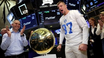Peter Jackson, CEO of the parent of FanDuel, and former NFL star Rob Gronkowski in January 2024, when the company was listed on the New York Stock Exchange.