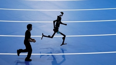 A Unitree Robotics robot at the World Humanoid Robot Games in Beijing. A Unitree Robotics robot at the World Humanoid Robot Games in Beijing.