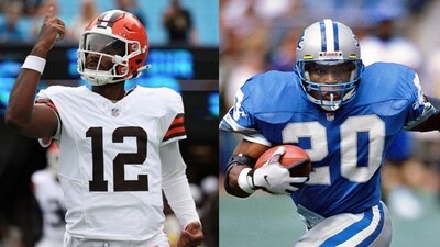 Shedeur Sanders (left) plays for Cleveland Browns while Barry Sanders (right) used to play for Detroit Lions, retiring over 25 years back. (X/@aj_muse_, X/@HelmetAddict) Shedeur Sanders (left) plays for Cleveland Browns while Barry Sanders (right) used to play for Detroit Lions, retiring over 25 years back. (X/@aj_muse_, X/@HelmetAddict)