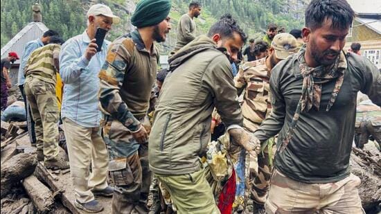 Army personnel during the search and rescue operation after the flash flood triggered by a cloudburst at Chasoti village in Kishtwar district of Jammu and Kashmir on Friday. (PTI Photo)
