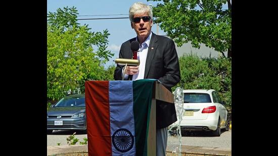 Canada’s Minister of Energy and Natural Resources Tim Hodgson at the Independence Day celebration, on Friday. (Vedic Cultural Center)