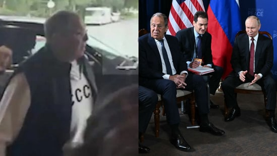 Russian foreign minister Sergei Lavrov in a "USSR" sweatshirt before the Alaska summit (left), seated next to Vladimir Putin in a suit during the meeting with Donald Trump (right). (X-@isar_egemen/ AFP )