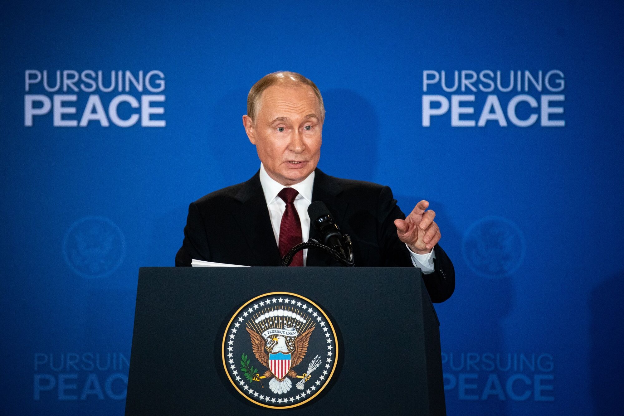 Vladimir Putin, Russia's President, speaks during a joint news conference with US President Donald Trump at Joint Base Elmendorf-Richardson in Anchorage, Alaska, on Friday, (Bloomberg) Vladimir Putin, Russia's President, speaks during a joint news conference with US President Donald Trump at Joint Base Elmendorf-Richardson in Anchorage, Alaska, on Friday, (Bloomberg)