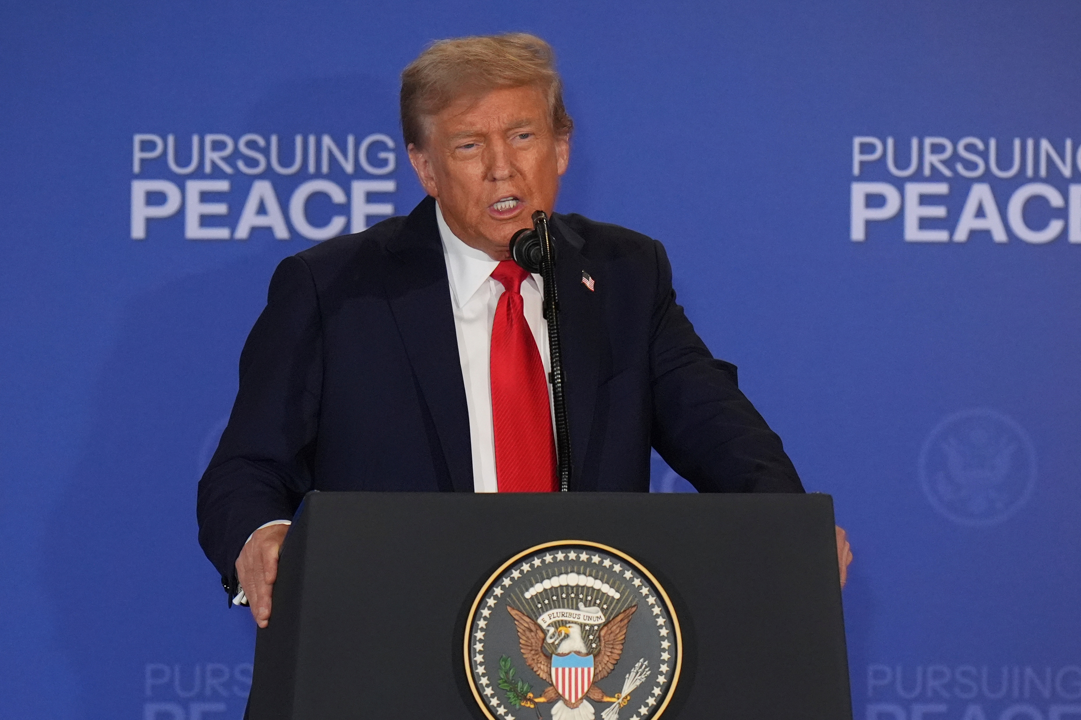 President Donald Trump speaks during a joint press conference with Russia's President Vladimir Putin at Joint Base Elmendorf-Richardson, Alaska, on Friday. (AP) President Donald Trump speaks during a joint press conference with Russia's President Vladimir Putin at Joint Base Elmendorf-Richardson, Alaska, on Friday. (AP)