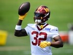 Washington Commanders running back Jacory Croskey-Merritt (32) works out during practice at NFL football minicamp, Tuesday, June 10. Washington Commanders running back Jacory Croskey-Merritt (32) works out during practice at NFL football minicamp, Tuesday, June 10.