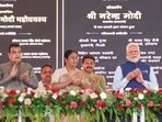 PM Modi, CM Rekha Gupta and Union minister Nitin Gadkari. (HT)