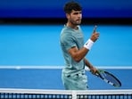 Carlos Alcaraz (ESP) reacts after returning a shot against Alexander Zverev (GER) during the Cincinnati Open at the Lindner Family Tennis Center