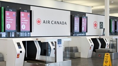 An empty Air Canada bag drop area is shown as Air Canada flight attendants strike at Montreal–Trudeau International Airport in Montreal, Saturday, Aug. 16, 2025. (AP) An empty Air Canada bag drop area is shown as Air Canada flight attendants strike at Montreal–Trudeau International Airport in Montreal, Saturday, Aug. 16, 2025. (AP)