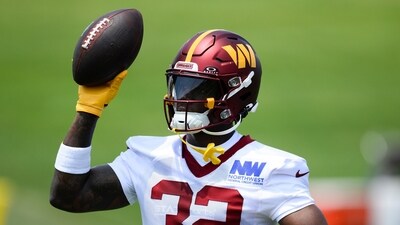 Washington Commanders running back Jacory Croskey-Merritt (32) works out during practice at NFL football minicamp, Tuesday, June 10. (AP) Washington Commanders running back Jacory Croskey-Merritt (32) works out during practice at NFL football minicamp, Tuesday, June 10. (AP)