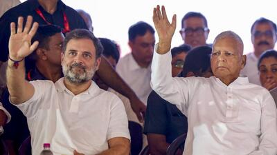 Congress leader Rahul Gandhi and RJD chief Lalu Prasad Yadav during the 'Voter Adhikar Yatra', in Sasaram, Bihar, on Sunday. (@INCIndia) Congress leader Rahul Gandhi and RJD chief Lalu Prasad Yadav during the 'Voter Adhikar Yatra', in Sasaram, Bihar, on Sunday. (@INCIndia)