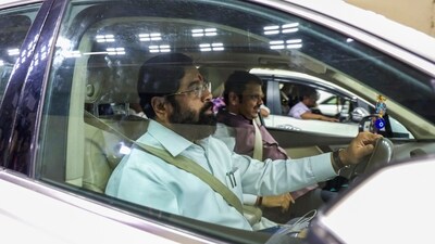 Maharashtra chief minister Devendra Fadnavis and deputy chief minister Eknath Shinde during the inauguration of the final 76-km-long stretch of the Samruddhi Mahamarg in Nashik district of Maharashtra on June 5. (PTI)