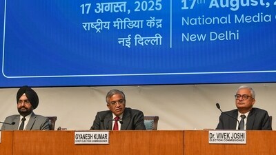 Chief Election Commissioner Gyanesh Kumar with Election Commissioners Sukhbir Singh Sandhu and Vivek Joshi addresses a press conference, in New Delhi, Sunday, Aug. 17, 2025. (PTI) Chief Election Commissioner Gyanesh Kumar with Election Commissioners Sukhbir Singh Sandhu and Vivek Joshi addresses a press conference, in New Delhi, Sunday, Aug. 17, 2025. (PTI)