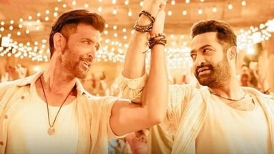 A still from War 2 featuring actors Hrithik Roshan and Jr NTR. A still from War 2 featuring actors Hrithik Roshan and Jr NTR.