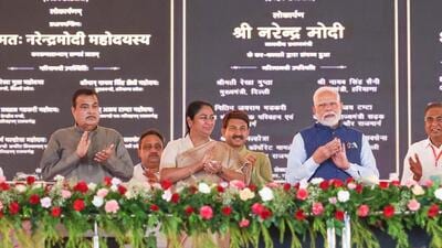 PM Modi, CM Rekha Gupta and Union minister Nitin Gadkari. (HT) PM Modi, CM Rekha Gupta and Union minister Nitin Gadkari. (HT)
