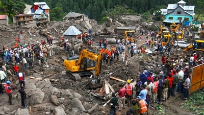 Search and rescue operation underway after flash flood triggered by cloudburst at Chasoti village in Kishtwar district, Jammu and Kashmir. (PTI) Search and rescue operation underway after flash flood triggered by cloudburst at Chasoti village in Kishtwar district, Jammu and Kashmir. (PTI)