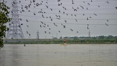 The Yamuna River in Delhi was flowing above the “warning” level of 204.5 metre on Sunday. The Yamuna River in Delhi was flowing above the “warning” level of 204.5 metre on Sunday.