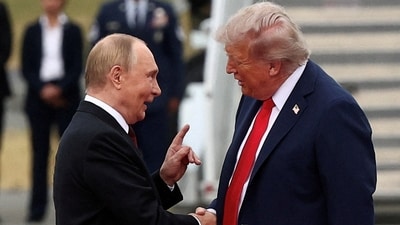 US President Donald Trump shakes hands with Russian President Vladimir Putin, as they meet to negotiate for an end to the war in Ukraine, at Joint Base Elmendorf-Richardson in Anchorage, Alaska, US, August 15, 2025. (Reuters)