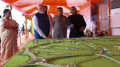 An official briefs PM Narendra Modi and road transport minister Nitin Gadkari about the new routes; CMs Rekha Gupta and Nayab Singh Saini, of Delhi and Haryana respectively, are also seen. (HT Photo) An official briefs PM Narendra Modi and road transport minister Nitin Gadkari about the new routes; CMs Rekha Gupta and Nayab Singh Saini, of Delhi and Haryana respectively, are also seen. (HT Photo)