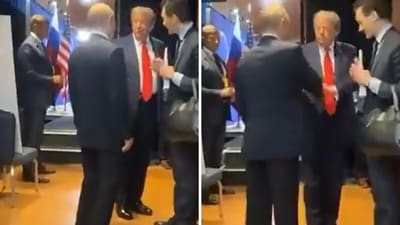 In the clip, the Russian leader kept dipping one knee as he stood beside Trump, making his legs appear wobbly. (X/ghostofRoc) In the clip, the Russian leader kept dipping one knee as he stood beside Trump, making his legs appear wobbly. (X/ghostofRoc)