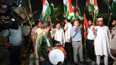 People celebrate arrival of Astronaut Shubhanshu Shukla at the Airport in New Delhi on Sunday ( Arvind Yadav/Hindustan Times)
