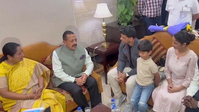 Shubhanshu Shukla, wife Kamna Shukla and son, sitting with Delhi CM Rekha Gupta and minister Dr Jitendra Singh. (ANI)