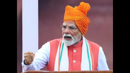 Prime Minister Narendra Modi during his speech at the 79th Independence Day celebration at the Red Fort, in New Delhi on Friday. (ANI)