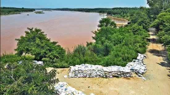 Sand bags installed along the Satluj river in Khera bet village near Ludhiana on Sunday. (Gurpreet Singh/HT)