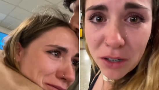 In a viral TikTok video, Mery Caldass filmed herself in tears inside an airport as her boyfriend, Alejandro Cid, consoled her. (TikTok/merycaldass)