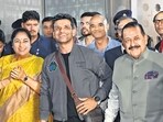 Group captain Shubhanshu Shukla arrived at Indira Gandhi International Airport in New Delhi on Sunday. Delhi CM Rekha Gupta and Union minister Jitendra Singh welcomed him. (HT Photo)