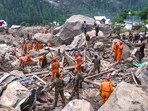 Indian Army, SDRF, police and local administration carry out a search and rescue operation in flash flood-hit Chishoti village, in Kishtwar, on Sunday. (ANI)