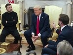 US Vice President JD Vance, right, speaks with Ukrainian President Volodymyr Zelensky, left, as President Donald Trump listens, in the Oval Office at the White House US Vice President JD Vance, right, speaks with Ukrainian President Volodymyr Zelensky, left, as President Donald Trump listens, in the Oval Office at the White House