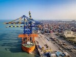 A cargo ship anchored at the Adani Group-owned Mundra port in Gujarat.(PTI)