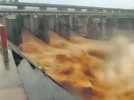Water being released from the Hathnikund barrage in Yamunanagar on Sunday. 