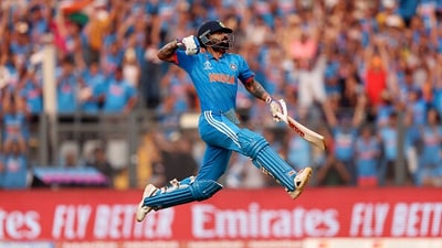 Virat Kohli broke the record of Sachin Tendulkar for most number of ODI centuries in the 2023 World Cup semi-final against New Zealand at the Wankhede Stadium. Master Blaster was in attendance and Kohli celebrated the feat by bowing down in front of his idol. (AFP ) Virat Kohli broke the record of Sachin Tendulkar for most number of ODI centuries in the 2023 World Cup semi-final against New Zealand at the Wankhede Stadium. Master Blaster was in attendance and Kohli celebrated the feat by bowing down in front of his idol. (AFP )