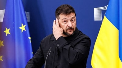 Ukraine's President Volodymyr Zelensky attends a joint press conference with European Commission President in Brussels. (AFP) Ukraine's President Volodymyr Zelensky attends a joint press conference with European Commission President in Brussels. (AFP)