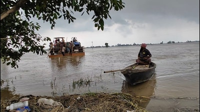 Following heavy rainfall in the Himachal Pradesh catchment areas, water levels at the Pong Dam have risen sharply, reaching a record high of 1382.54 feet, just seven feet below the dam’s maximum capacity of 1,390 feet. Following heavy rainfall in the Himachal Pradesh catchment areas, water levels at the Pong Dam have risen sharply, reaching a record high of 1382.54 feet, just seven feet below the dam’s maximum capacity of 1,390 feet.