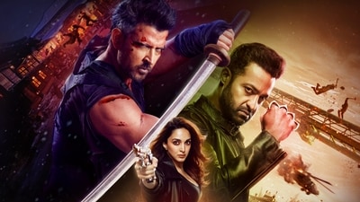 Hrithik Roshan, Jr NTR and Kiara Advani's still from War 2. Hrithik Roshan, Jr NTR and Kiara Advani's still from War 2.