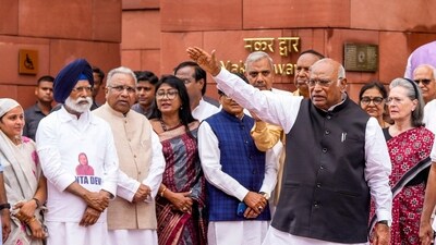 Congress President Mallikarjun Kharge said Opposition leaders would meet today to discuss the upcoming VP election (Ravi Choudhary/PTI) Congress President Mallikarjun Kharge said Opposition leaders would meet today to discuss the upcoming VP election (Ravi Choudhary/PTI)
