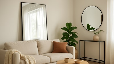 A large mirror reflects natural light in a cosy living room, creating the illusion of height and openness in a compact space. A large mirror reflects natural light in a cosy living room, creating the illusion of height and openness in a compact space.
