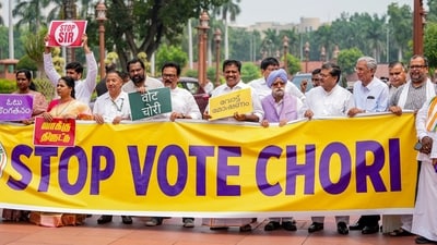 Opposition MPs stage a protest against the Election Commission's Special Intensive Revision (SIR) of electoral rolls in Bihar, during the Monsoon session of Parliament, in New Delhi, Monday. (PTI) Opposition MPs stage a protest against the Election Commission's Special Intensive Revision (SIR) of electoral rolls in Bihar, during the Monsoon session of Parliament, in New Delhi, Monday. (PTI)