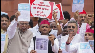 Parliamentarians from the INDIA bloc parties stage a protest against the Election Commission's Special Intensive Revision (SIR) of electoral rolls in Bihar, during the Monsoon session of Parliament, in New Delhi, Monday. (PTI)