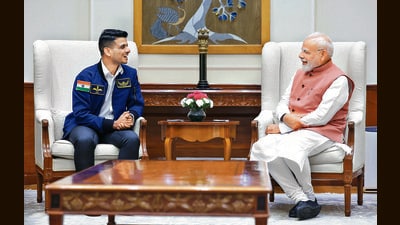 Prime Minister Narendra Modi meets Group Captain Shubhanshu Shukla in New Delhi on Monday. (DPR PMO) Prime Minister Narendra Modi meets Group Captain Shubhanshu Shukla in New Delhi on Monday. (DPR PMO)
