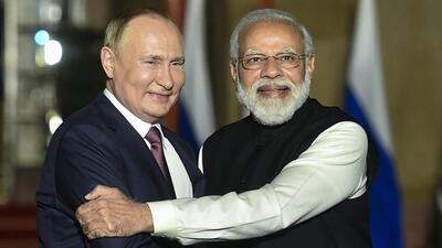 Prime Minister Narendra Modi receives Russian President Vladimir Putin for a meeting at Hyderabad House in New Delhi in 2021. (PTI) Prime Minister Narendra Modi receives Russian President Vladimir Putin for a meeting at Hyderabad House in New Delhi in 2021. (PTI)