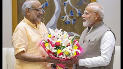 Prime Minister Narendra Modi with Maharashtra Governor CP Radhakrishnan during a meeting in New Delhi. CP Radhakrishnan was announced as the vice presidential candidate of the National Democratic Alliance (NDA). (PTI) Prime Minister Narendra Modi with Maharashtra Governor CP Radhakrishnan during a meeting in New Delhi. CP Radhakrishnan was announced as the vice presidential candidate of the National Democratic Alliance (NDA). (PTI)