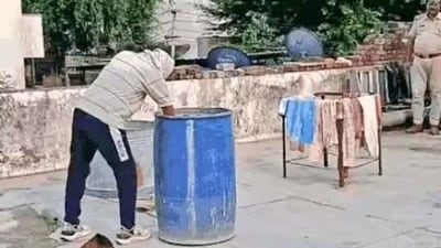 A man was found dead, stuffed in a drum on a rooftop in Khairthal Tijara district of Rajasthan. (X-@IndiaObserverX) A man was found dead, stuffed in a drum on a rooftop in Khairthal Tijara district of Rajasthan. (X-@IndiaObserverX)