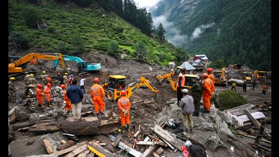 Search and rescue operation underway at cloudburst-hit Chisoti village, in Jammu and Kashmir’s Kishtwar district, on Monday. (PTI) Search and rescue operation underway at cloudburst-hit Chisoti village, in Jammu and Kashmir’s Kishtwar district, on Monday. (PTI)