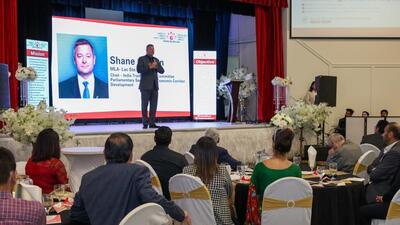 Shane Getson, chair of Alberta’s India Trade Advisory Committee, addressing the Canadian Hindu Chamber of Commerce (CHCC) gathering. (Credit: CHCC) Shane Getson, chair of Alberta’s India Trade Advisory Committee, addressing the Canadian Hindu Chamber of Commerce (CHCC) gathering. (Credit: CHCC)