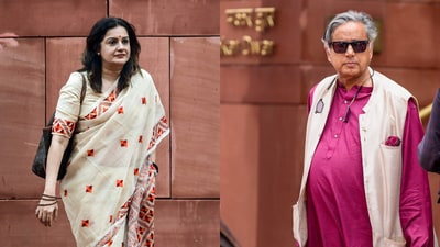 Shiv Sena (UBT) Rajya Sabha MP Priyanka Chaturvedi (left) with Congress Lok Sabha MP Shashi Tharoor (right) (PTI ) Shiv Sena (UBT) Rajya Sabha MP Priyanka Chaturvedi (left) with Congress Lok Sabha MP Shashi Tharoor (right) (PTI )