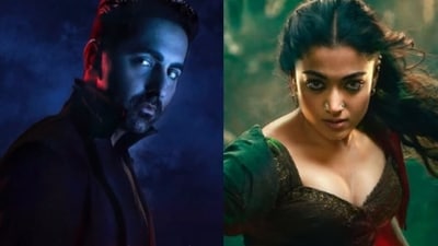 Ayushmann Khurrana and Rashmika Mandanna's first looks from Thama were released on Monday. Ayushmann Khurrana and Rashmika Mandanna's first looks from Thama were released on Monday.